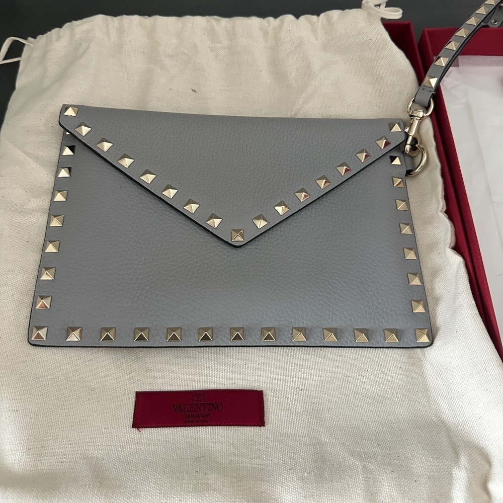 Valentino Grey Leather Rockstud Envelope Wristlet